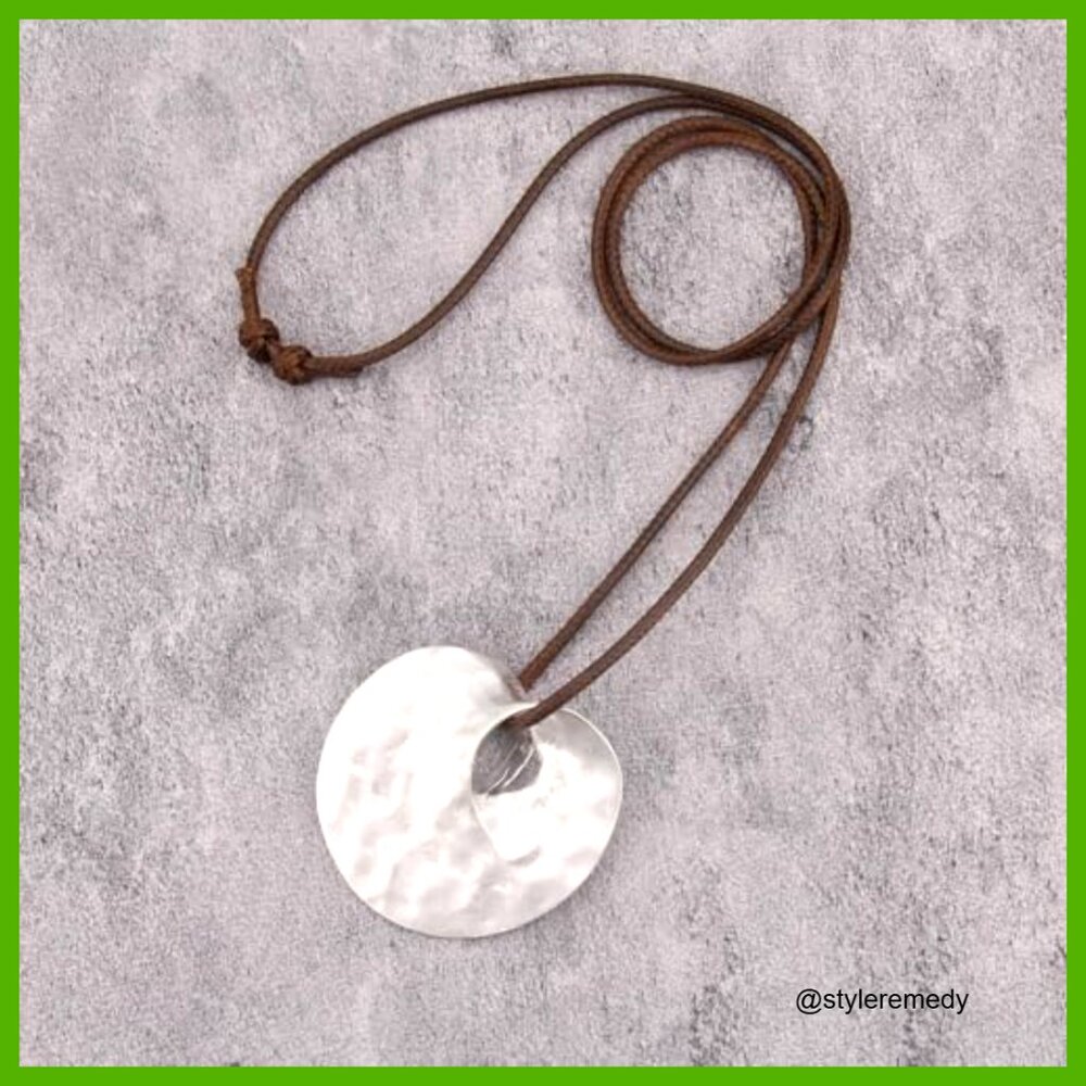 Chunky Bohemian Leather Choker Necklace, Adjustable Cord, Silver Pendant, 31.5 - Picture 5 of 7